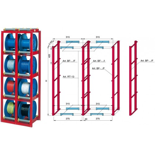 Rayonnage prélèvement dynamique enroulement manuel petits tourets maxi Ø400 sur rouleaux